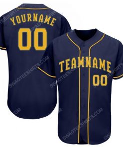 Custom team name navy blue strip gold full printed baseball jersey 1