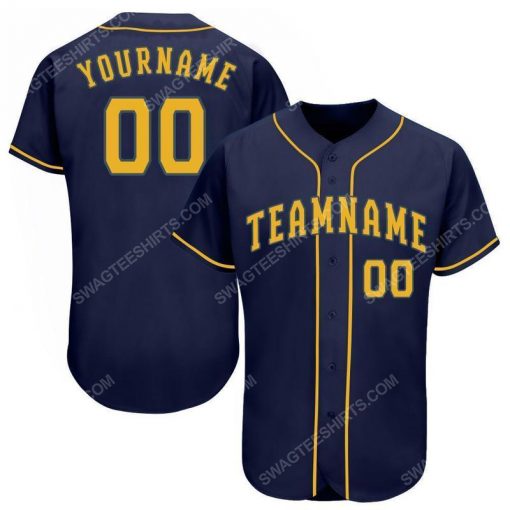 Custom team name navy blue strip gold full printed baseball jersey 1