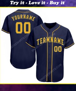 Custom team name navy blue strip gold full printed baseball jersey