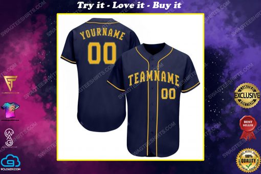 Custom team name navy blue strip gold full printed baseball jersey