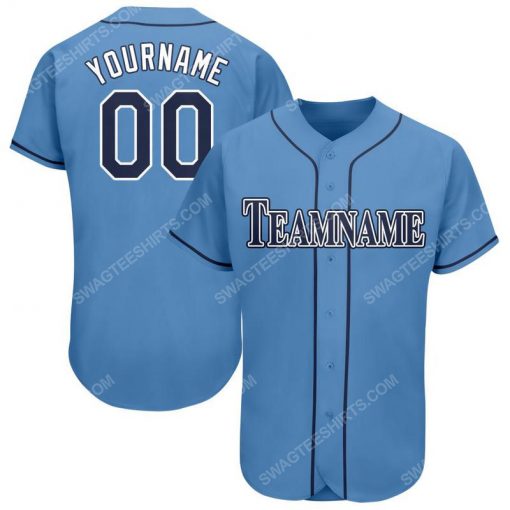 Custom team name powder blue strip navy full printed baseball jersey 1