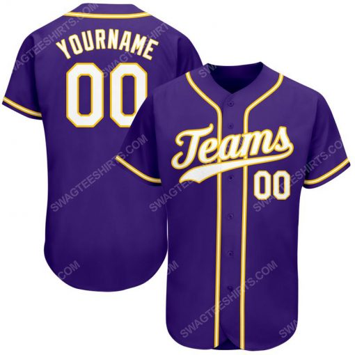 Custom team name purple white-gold full printed baseball jersey 1