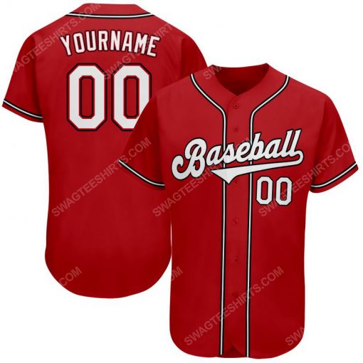 Custom team name red strip white-black full printed baseball jersey 1