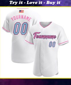 Custom team name white light blue-pink american flag baseball jersey