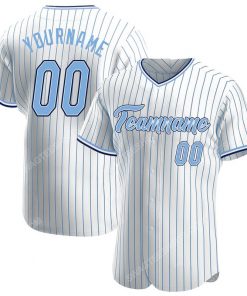 Custom team name white light blue strip light blue-navy baseball jersey 1