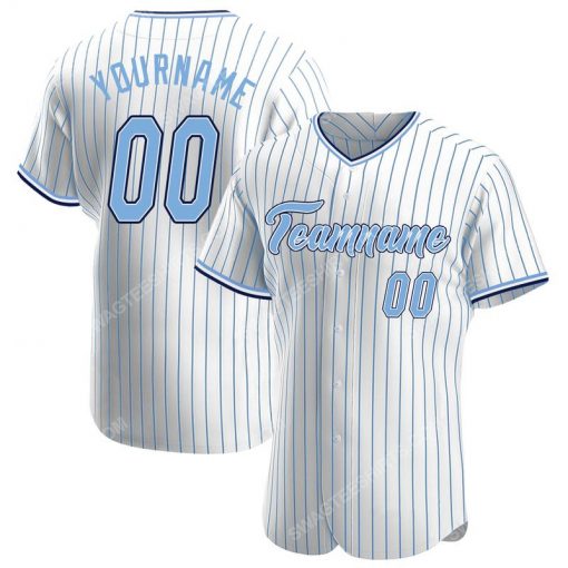 Custom team name white light blue strip light blue-navy baseball jersey 1