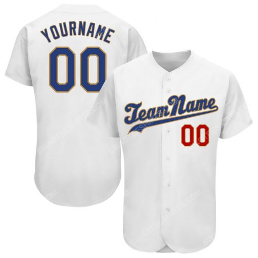 Custom team name white royal-old gold full printed baseball jersey 1