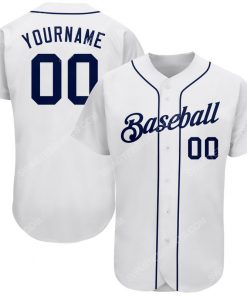 Custom team name white strip navy blue full printed baseball jersey 1