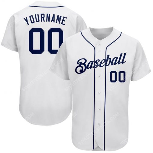 Custom team name white strip navy blue full printed baseball jersey 1