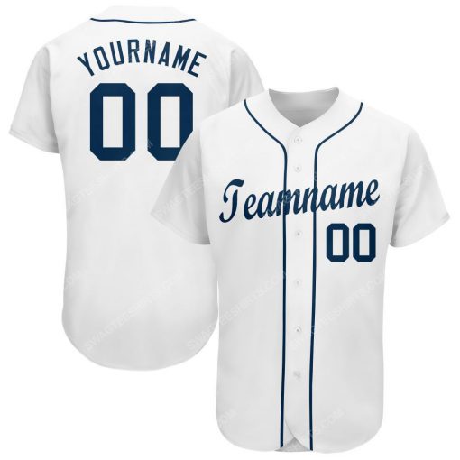 Custom team name white strip navy full printed baseball jersey 1