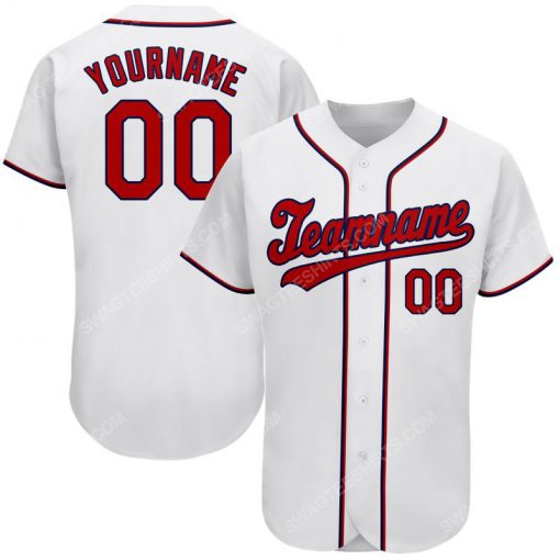 Custom team name white strip red-navy full printed baseball jersey 1