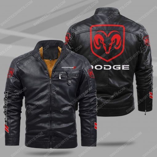 Dodge car all over print fleece leather jacket - black 1