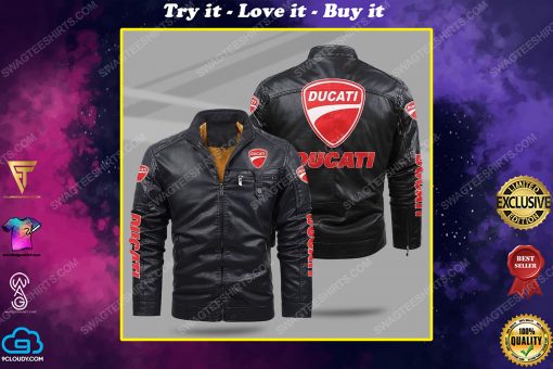Ducati motorcycles all over print fleece leather jacket