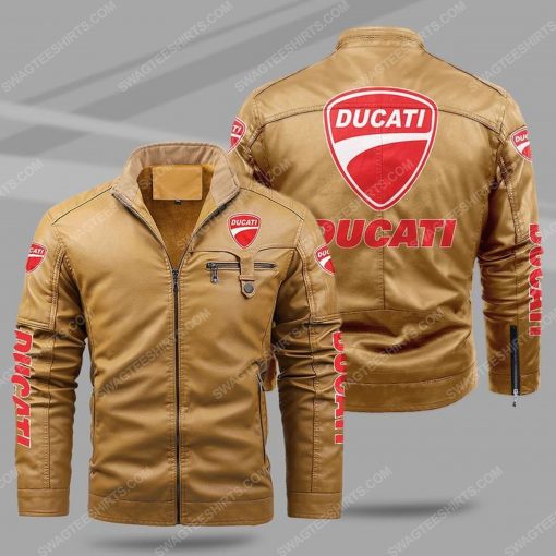 Ducati motorcycles all over print fleece leather jacket - cream 1 - Copy