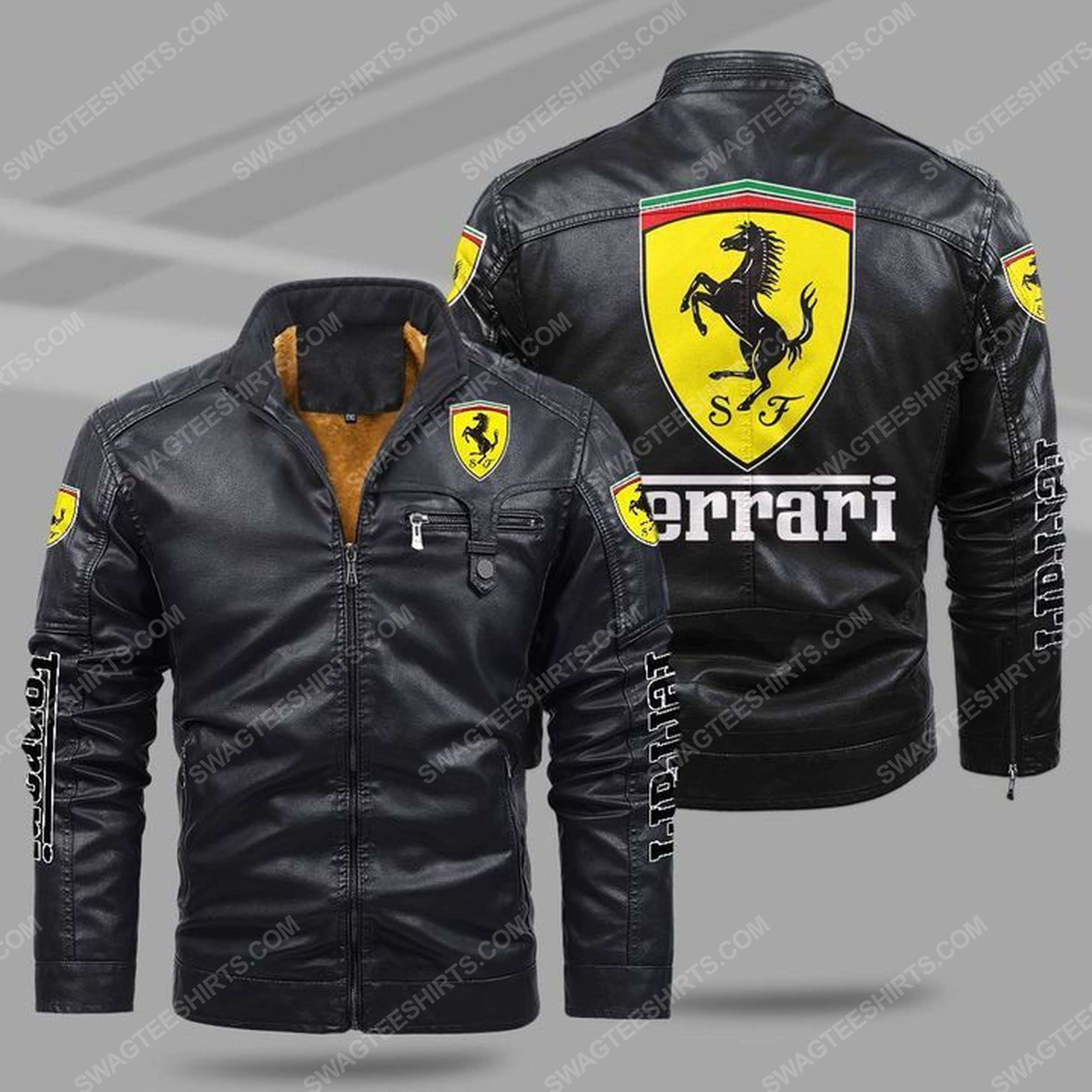 Ferrari car all over print fleece leather jacket - black 1 - Copy