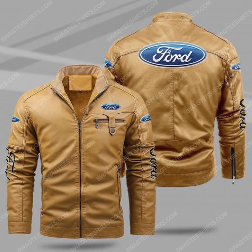 Ford car all over print fleece leather jacket - cream 1