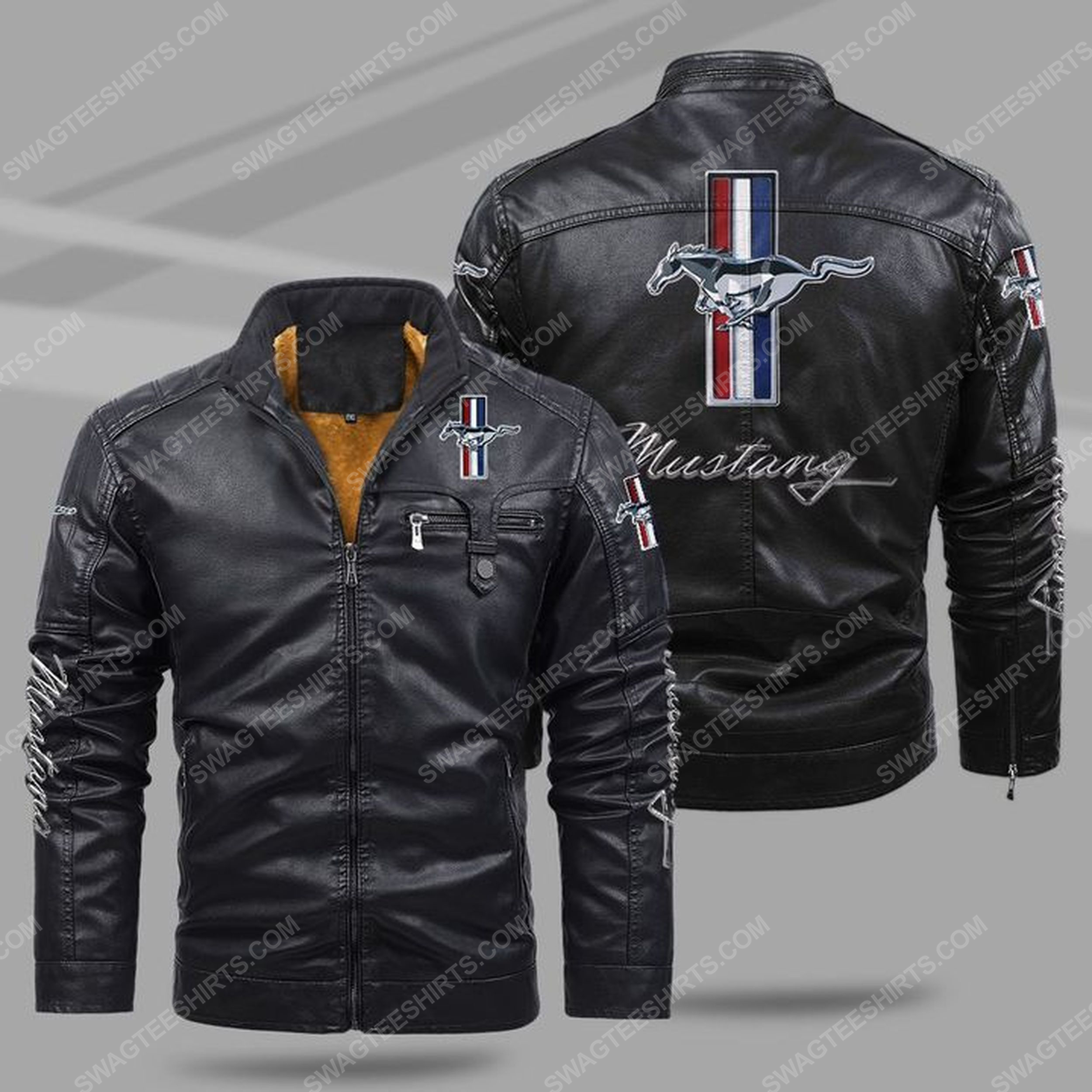 Ford mustang all over print fleece leather jacket - black 1 - Copy