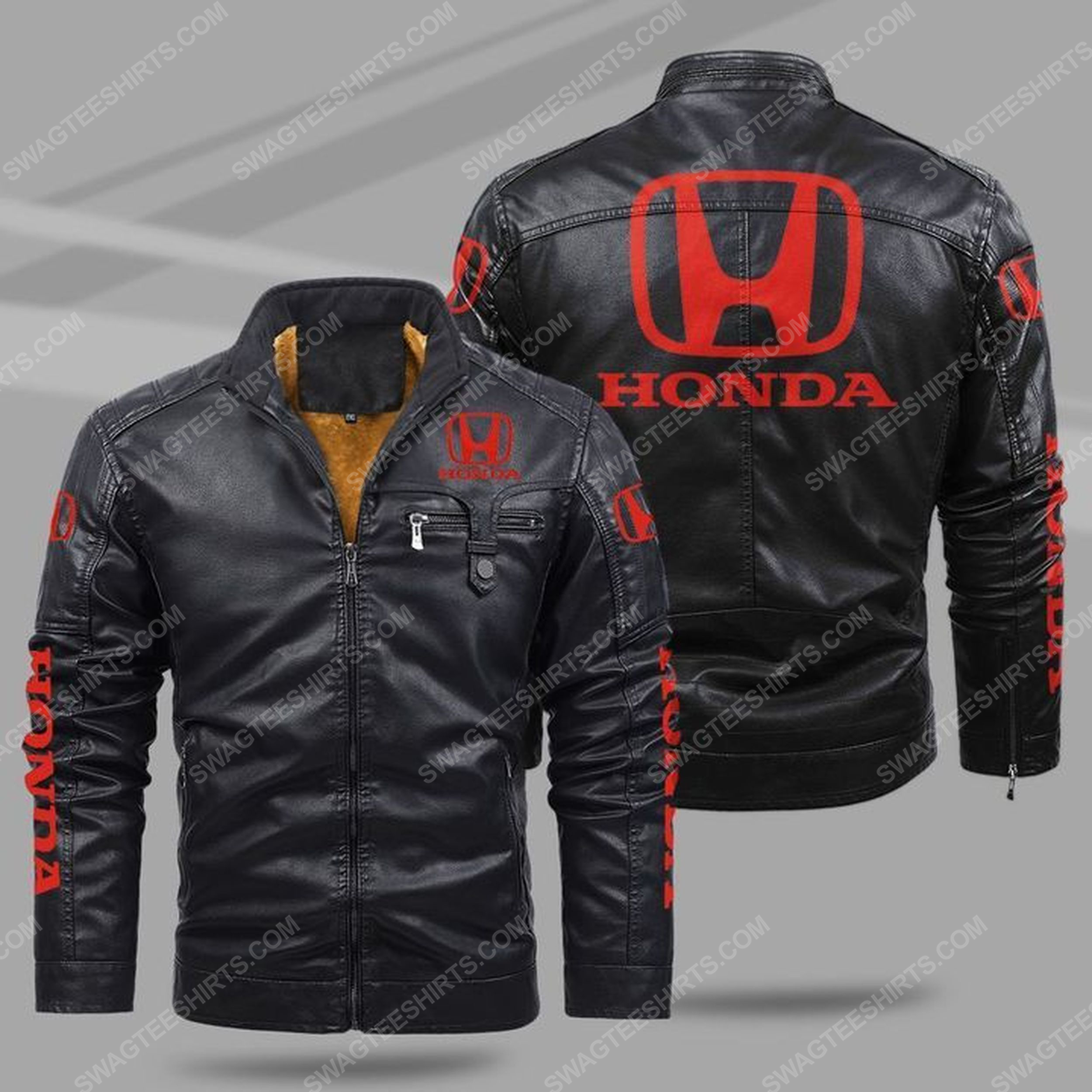 Honda car all over print fleece leather jacket - black 1 - Copy