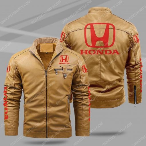 Honda car all over print fleece leather jacket - cream 1 - Copy