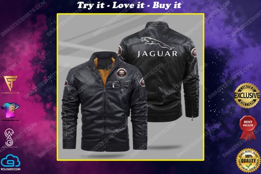 Jaguar car all over print fleece leather jacket