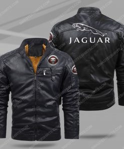 Jaguar car all over print fleece leather jacket - black 1