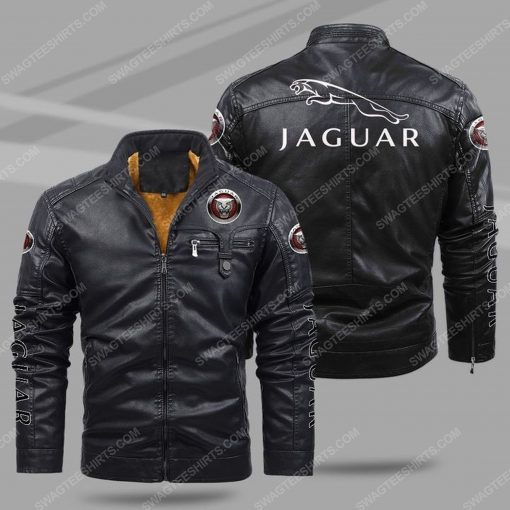 Jaguar car all over print fleece leather jacket - black 1