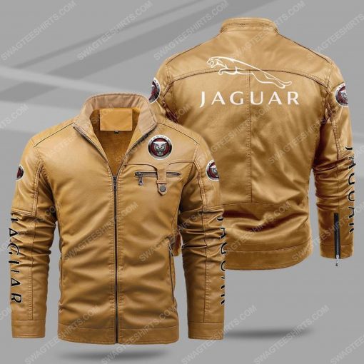 Jaguar car all over print fleece leather jacket - cream 1 - Copy