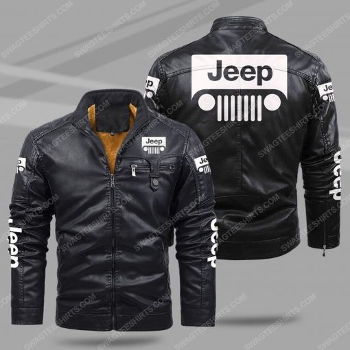 Jeep car all over print fleece leather jacket - black 1