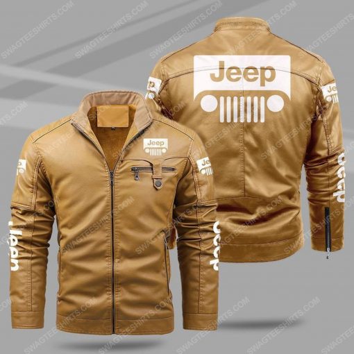 Jeep car all over print fleece leather jacket - cream 1