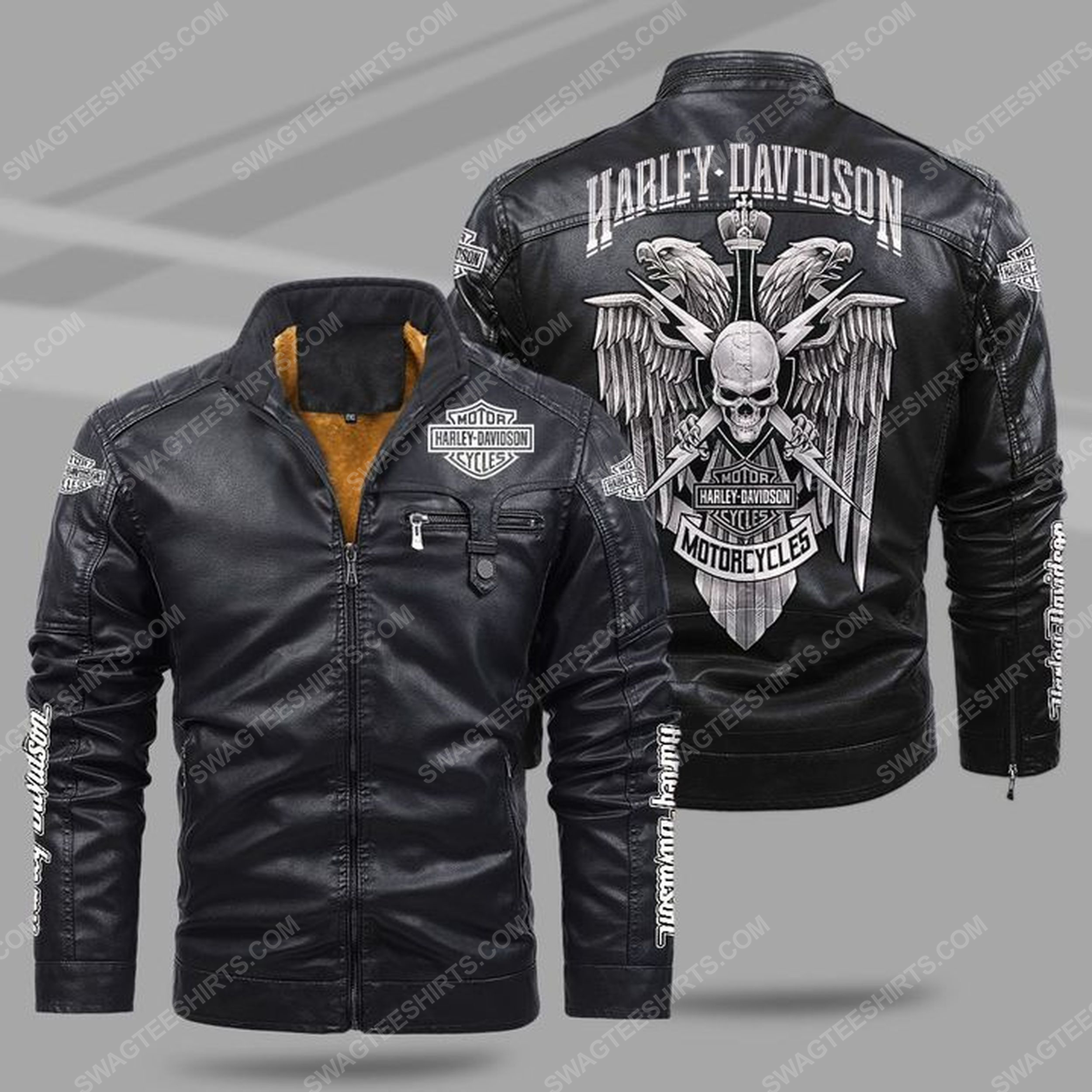 Skull motor harley davidson all over print fleece leather jacket - black 1 - Copy
