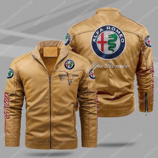 The alfa romeo automobiles all over print fleece leather jacket - cream 1
