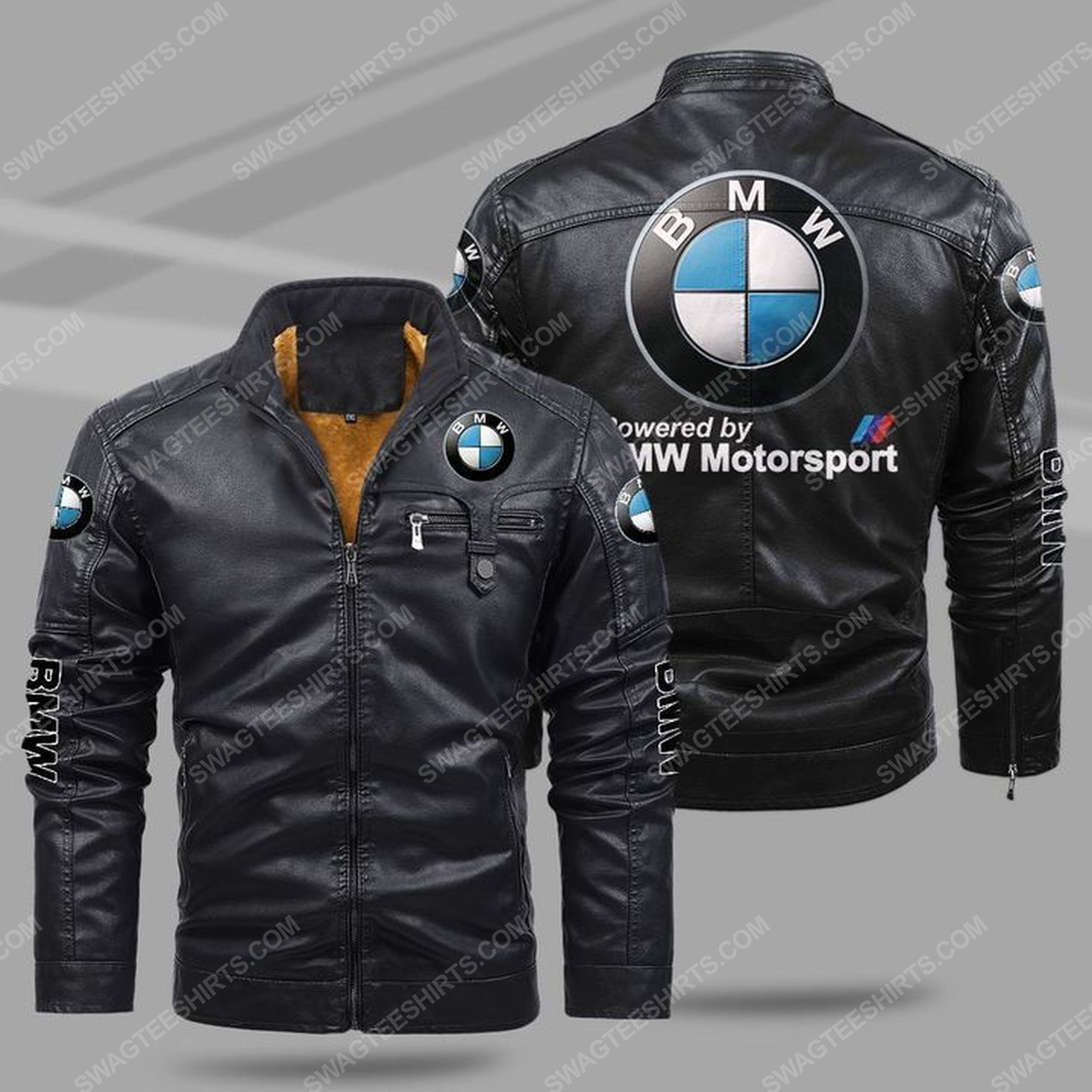 The bmw motorsport all over print fleece leather jacket - black 1 - Copy