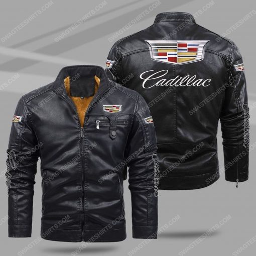 The cadillac car all over print fleece leather jacket - black 1