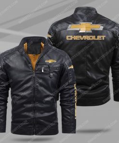 The chevrolet car all over print fleece leather jacket - black 1