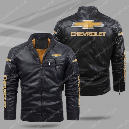The chevrolet car all over print fleece leather jacket - black 1