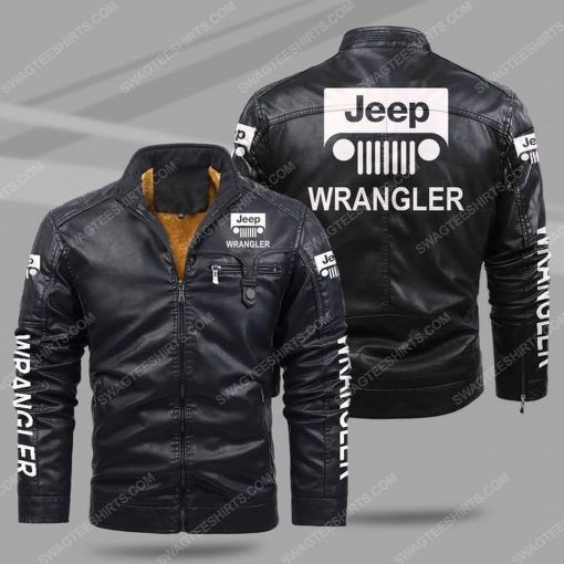 The jeep wrangler car all over print fleece leather jacket - black 1