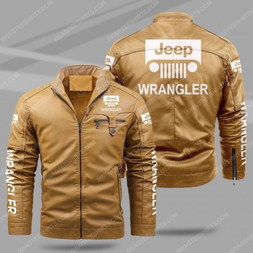 The jeep wrangler car all over print fleece leather jacket - cream 1
