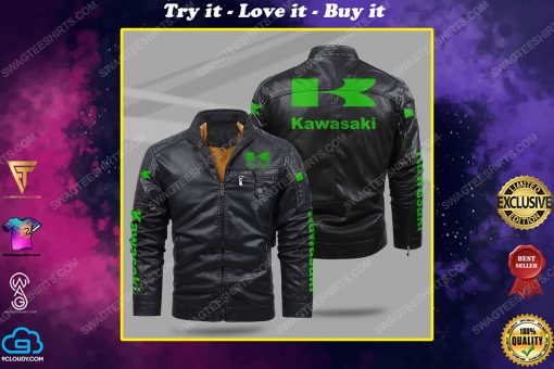 The kawasaki motorcycle all over print fleece leather jacket