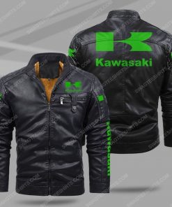 The kawasaki motorcycle all over print fleece leather jacket - black 1