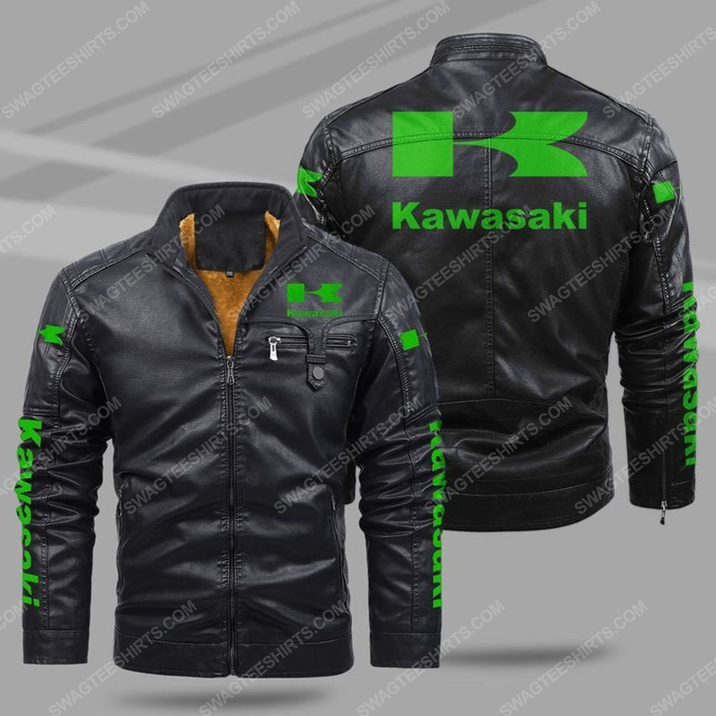 The kawasaki motorcycle all over print fleece leather jacket - black 1 - Copy