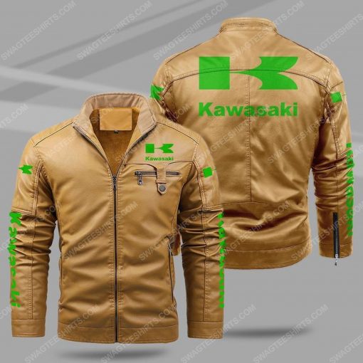 The kawasaki motorcycle all over print fleece leather jacket - cream 1 - Copy