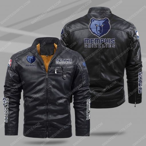 The memphis grizzlies nba all over print fleece leather jacket - black 1