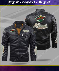 The minnesota wild hockey all over print fleece leather jacket