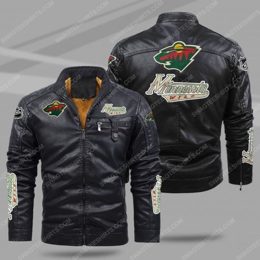 The minnesota wild hockey all over print fleece leather jacket - black 1