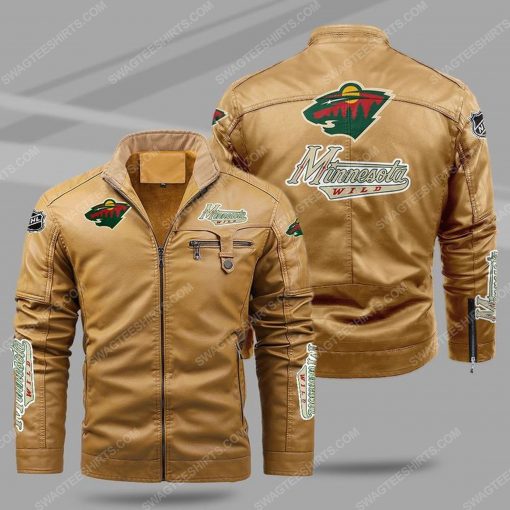 The minnesota wild hockey all over print fleece leather jacket - cream 1 - Copy