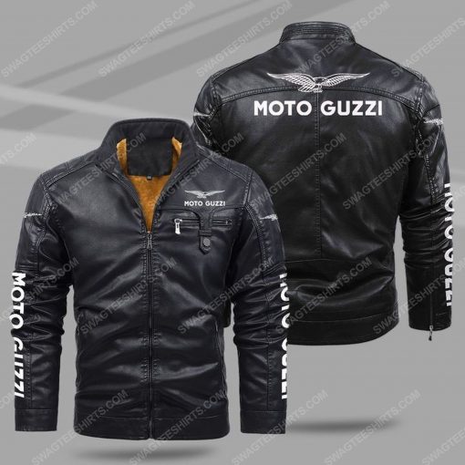 The moto guzzi motorcycle all over print fleece leather jacket - black 1