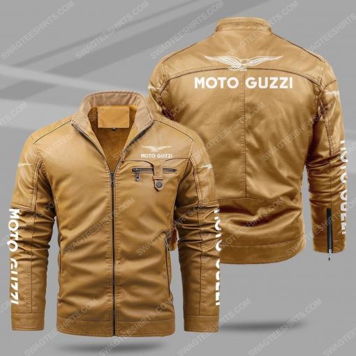 The moto guzzi motorcycle all over print fleece leather jacket - cream 1