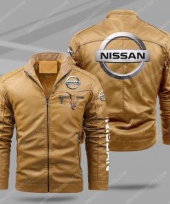 The nissan car all over print fleece leather jacket - cream 1