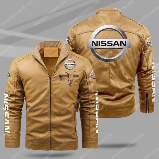 The nissan car all over print fleece leather jacket - cream 1