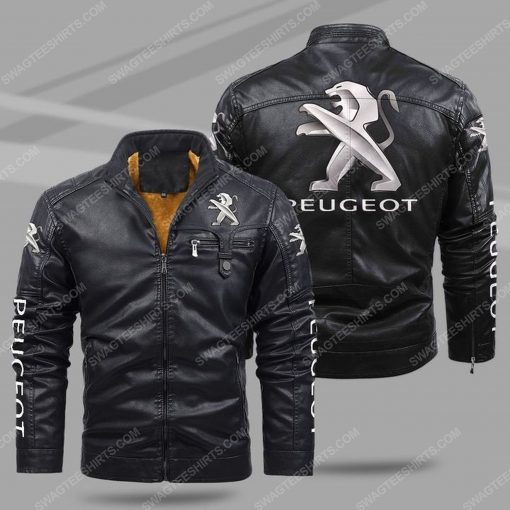 The peugeot car all over print fleece leather jacket - black 1